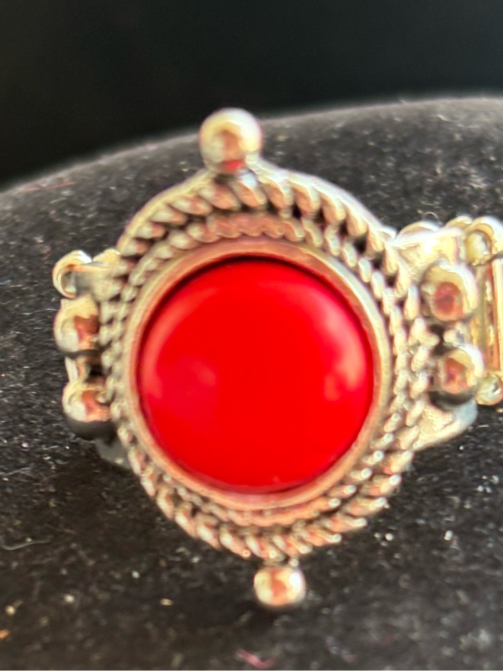 Vintage-Inspired Silver Ring with Vibrant Red Cabochon
